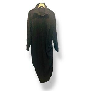 PrettyLittleThing Plus Sz 16 Black Long Sleeve Shirt Dress Ruched Hem Midi Maxi